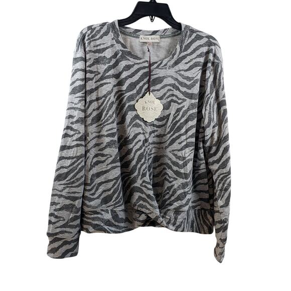 Knox Rose Black Twist Front Sweatshirt Gray Zebra Stripe XL Animal Print Leopard - Picture 1 of 8
